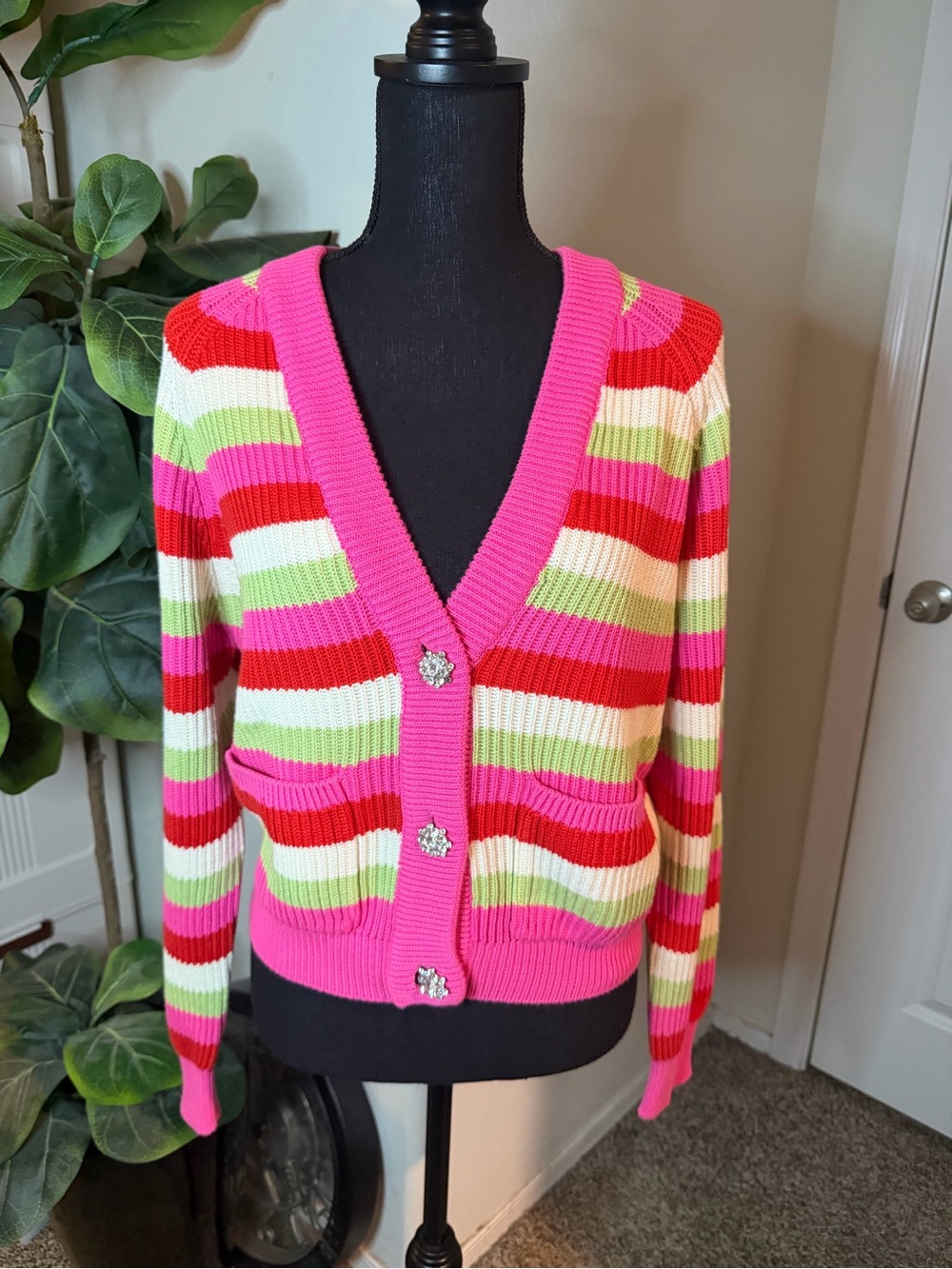 Piombo Pink Red Lime Striped V-Neck Cardigan
